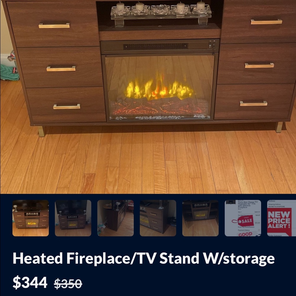 Fireplace/tv stand holds up to 65” tv.